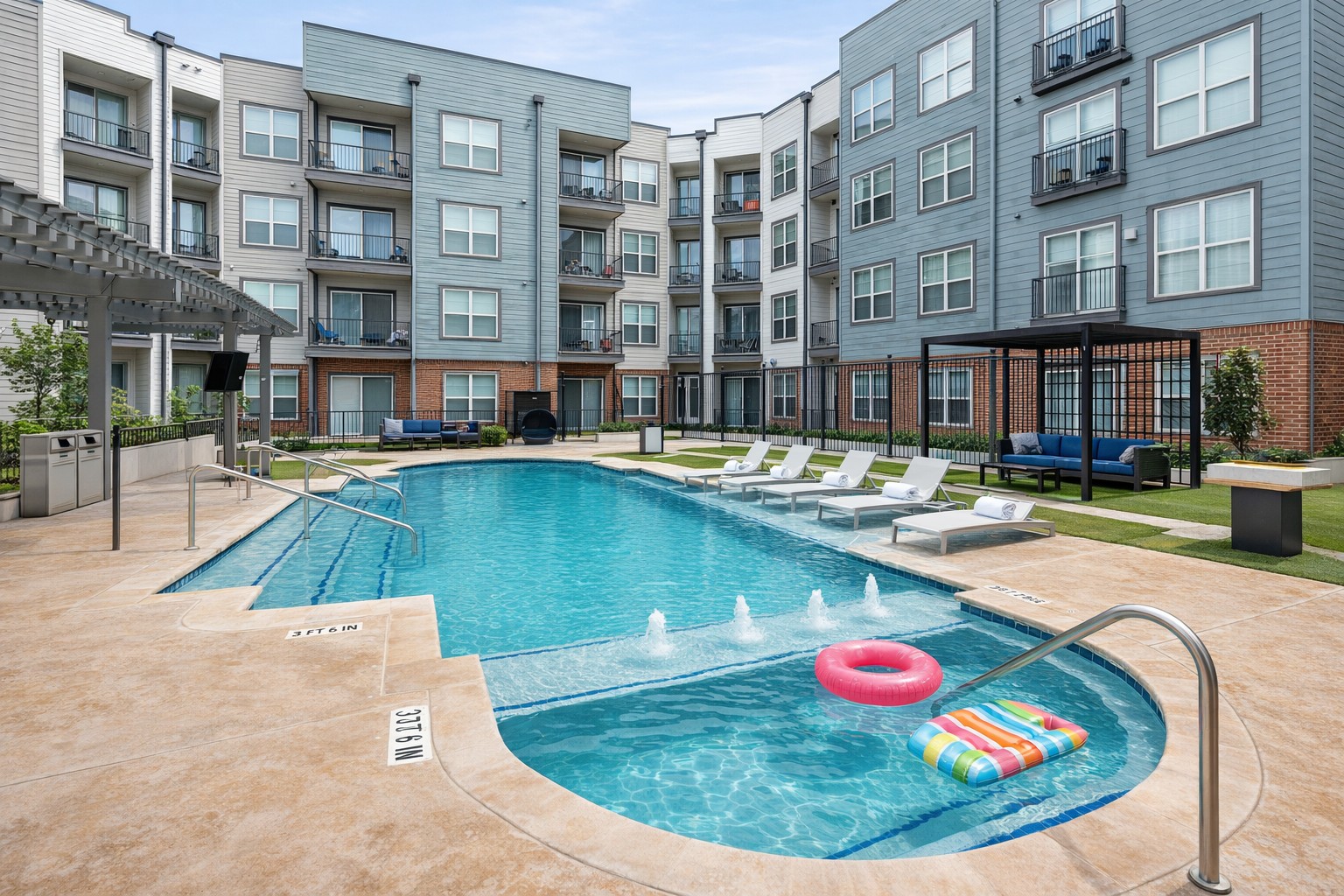 Outdoor resort-style swimming pool with lounge seating